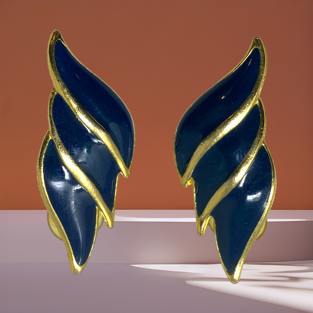 Vintage Y2K Modernist Gold Tone Navy Blue Enamel Earrings Pierced Couture Runway
